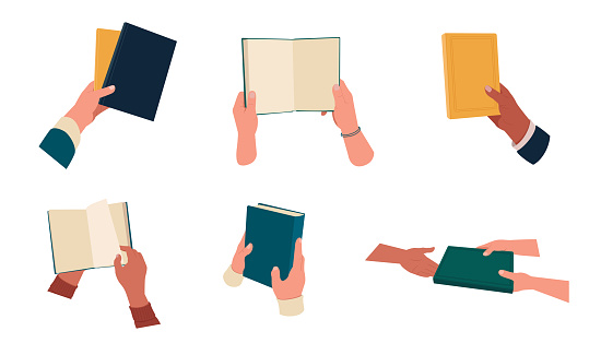 Human hands holding open and closed books. Public library, fiction and educational literature. Flat vector illustration on white background