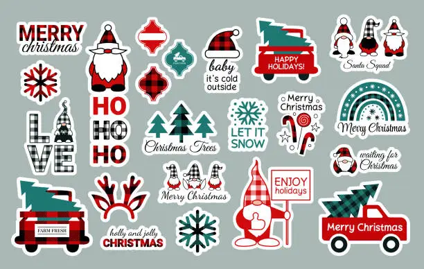 Vector illustration of Christmas sticker bundle. New Year planner stickers. Buffalo plaid snowflakes. Christmas gnomes. Santa Claus squad. Arabesque tile ornament. Red truck Christmas trees. Boho rainbow. Reindeer antlers