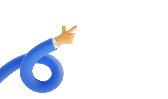 Cartoon funny spiral hand with index finger, shows direction, points forward. Flexible arm male character in blue sleeve, touching or pointing something, isolated on white background, 3d render.