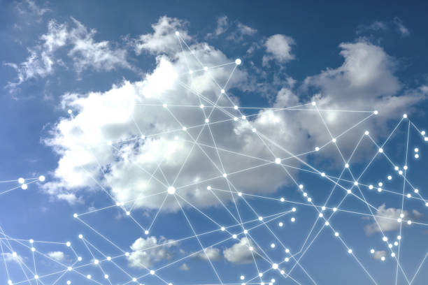 istock Communication concept. Blue sky with clouds and digital scheme 1353959790