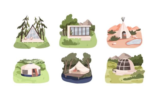 ilustrações de stock, clip art, desenhos animados e ícones de glamping set, luxury camping in nature. comfortable tents, glass and bubble houses, yurts, huts and tipi for recreation outdoors with comfort. flat vector illustrations isolated on white background - casas de madeira modernas