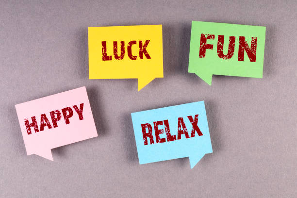 istock Happy, Luck, Fun and Relax. Holidays and stress concept. Speech bubbles 1353962451