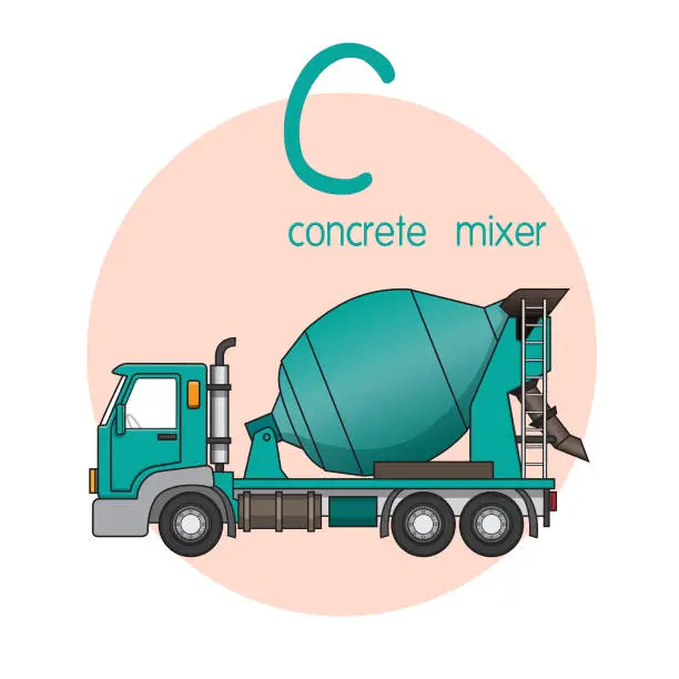 Vector illustration of Vector illustration of Concrete mixer with alphabet letter C Upper case or capital letter for children learning practice ABC