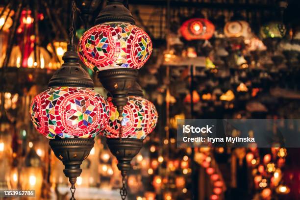 Traditional Turkish Or Moroccan Light Mosaic Lamp Colorful Stained Glass Lamp Against Defocused Souvenir Shop Background With Copy Space Popular Souvenir And Ideas For Present Stock Photo - Download Image Now