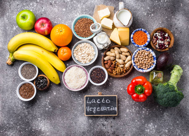 Lacto vegetarian diet concept. Healthy food Lacto vegetarian diet concept. Fruits, vegetables, dairy products, seeds, healthy fats and grains whole grains, fruits and vegetables, lean proteins, low-fat dairy products, and healthy fats from nuts and seeds.  stock pictures, royalty-free photos & images