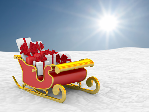 red christmas sled with gift boxes on snowdrift. 3D illustration
