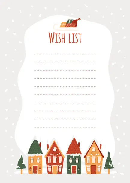 Vector illustration of Christmas wish list with fairy houses, sleigh with gifts and sack.