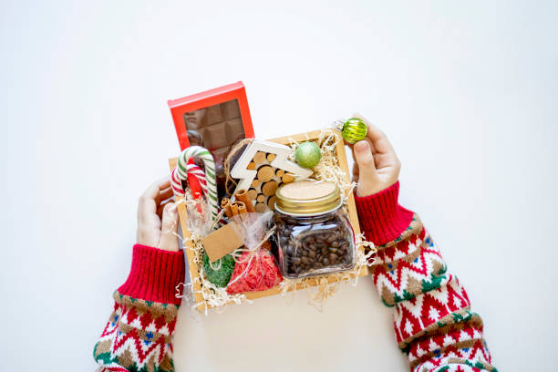 istock Preparing self care package. Seasonal gift box with items for coffee drinking. Flat lay. Copy space 1353963991