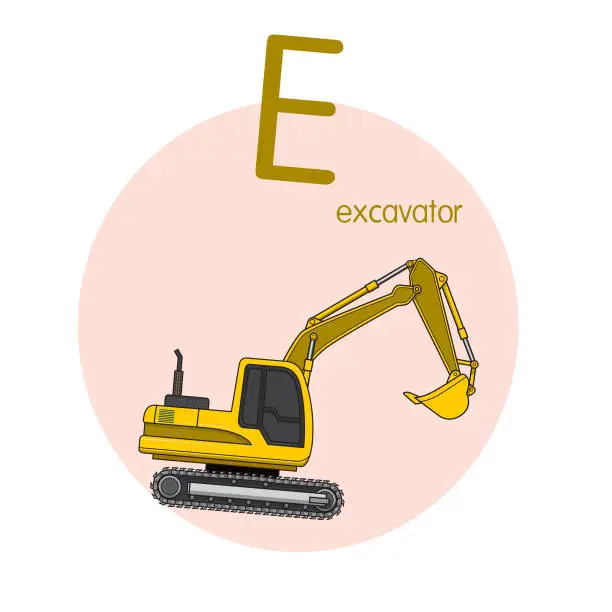 Vector illustration of Vector illustration of Excavator with alphabet letter E Upper case or capital letter for children learning practice ABC