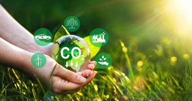 desarrollo sostenible y negocio verde basado en energías renovables. concepto de reducción de emisiones de co2. las empresas ecológicas basadas en energía renovable pueden limitar el cambio climático y el calentamiento global. - gas de efecto invernadero fotografías e imágenes de stock