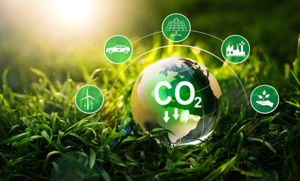 sviluppo sostenibile e green business basato sulle energie rinnovabili. ridurre il concetto di emissioni di co2. le imprese verdi basate sulle energie rinnovabili possono limitare i cambiamenti climatici e il riscaldamento globale. - anidride carbonica foto e immagini stock