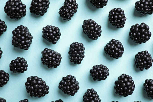 istock Tasty ripe blackberries on light blue background, flat lay 1353968354