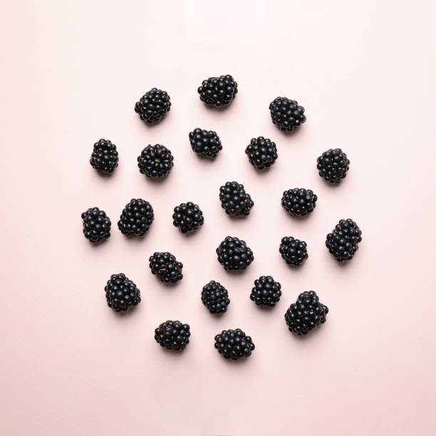istock Tasty ripe blackberries on light background, flat lay 1353968544