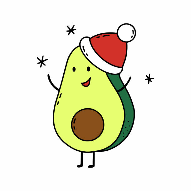 cute avocado catches snowflakes. character santa claus hat. vector illustration new year and christmas. postcard design. - santa hat stock illustrations
