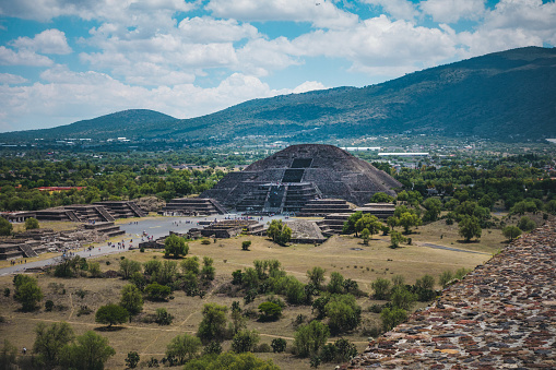Aerial view showing of the Avenue of the Dead and the Pyramid of the Moon. The Maya and Aztec city of Teotihuacan archaeological site is located northeast of Mexico City.