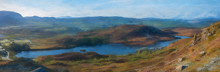 Digital painting of Tanygrisiau reservoir and the surrounding area near Blaenau Ffestiniog in Snowdonia.