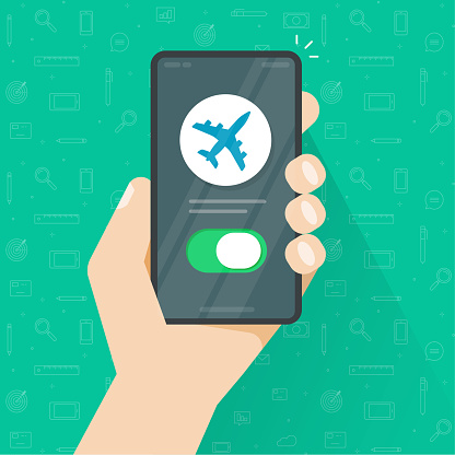 Airplane mode switched on phone and person man hand vector, air plane cellphone smartphone notice, cellular telephone flight info notification flat cartoon illustration image
