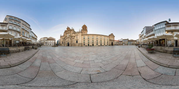 360º panoramic view of the main square of Celanova with the monastery of San Salvador. 360º panoramic view of the main square of Celanova with the monastery of San Salvador. high dynamic range imaging stock pictures, royalty-free photos & images