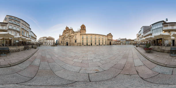 360º panoramic view of the main square of celanova with the monastery of san salvador. - sacred building imagens e fotografias de stock