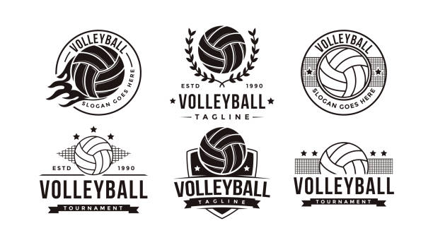 ilustraciones, imágenes clip art, dibujos animados e iconos de stock de conjunto de insignias vintage emblema volley club, volley torneo icono vectorial sobre fondo blanco - vóleibol de playa