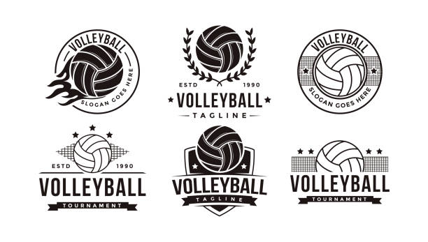 ilustrações, clipart, desenhos animados e ícones de conjunto de emblema de distintivo vintage clube de vôlei, ícone vetor do torneio de vôlei no fundo branco - voleibol desporto de equipa