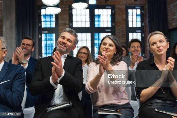 Cheerful Audience During Business Seminar Stock Photo - Download Image Now - Clapping, Group Of People, Audience