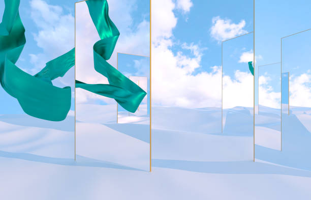 Abstract winter Christmas scene with mirror and floating cloth. surreal background.