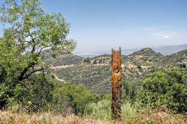 A trail post that has a hole carved in it. Found on the trails in Griffith Park, Hollywood, California.
