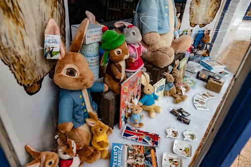 Assorted British children's characters in a shop window display in Stratford upon Avon, Warwickshire, England, UK.