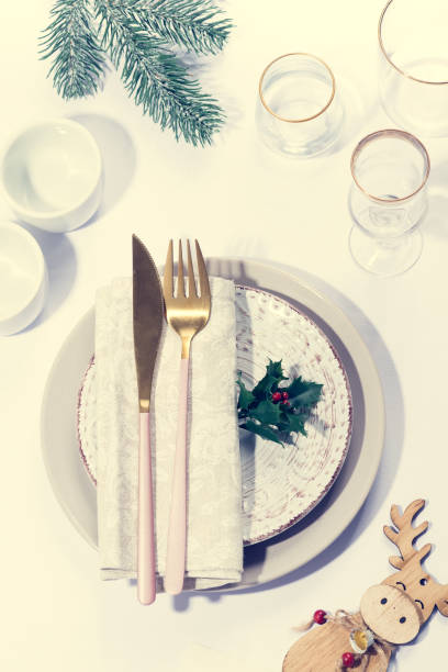 istock Christmas table setting with decoration. Top view 1353990658