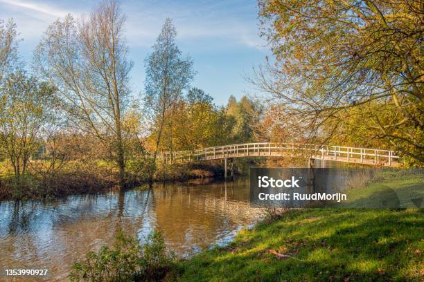 Wooden Bridge In An Autumnal Landscape Stock Photo - Download Image Now - Footbridge, Small, Nature