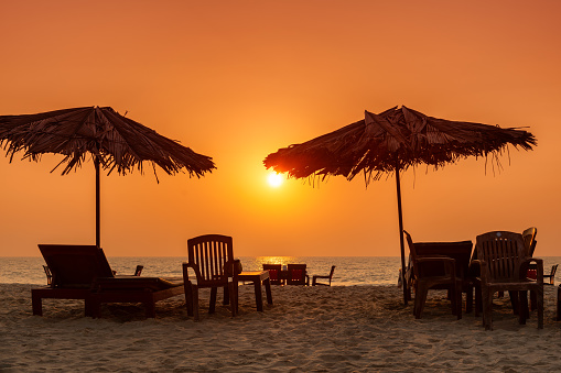 Palm umbrellas with lounge chairs at sunset on a tropical sunny beach in GOA, India