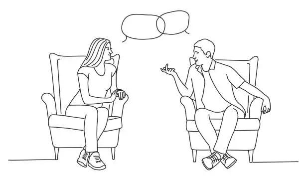 Vector illustration of Interview. Meeting. Couple in armchairs. People having conversation in cozy room. Therapy session.