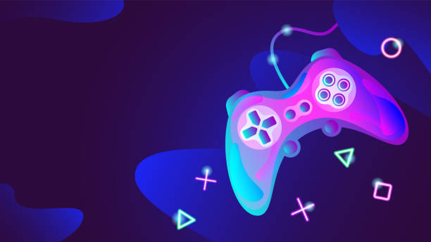 illustrazioni stock, clip art, cartoni animati e icone di tendenza di controller di gioco futuristico al neon - video game joystick leisure games control