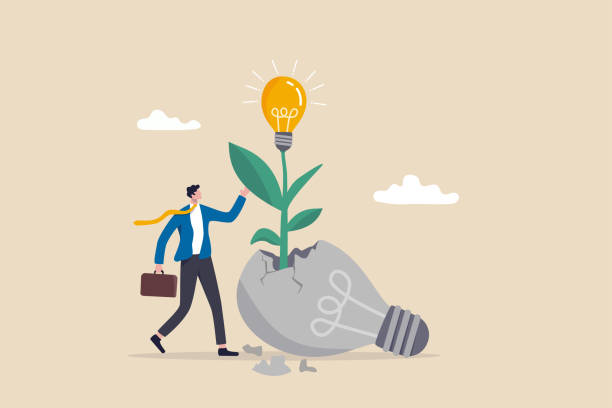 ilustrações de stock, clip art, desenhos animados e ícones de fail to success, aspiration and effort to invent new innovation, never give up or motivation to success concept, cheerful businessman look at seedling bright lightbulb idea plant grow from broken one. - missed chance