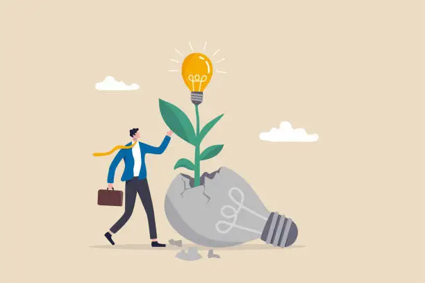 Vector illustration of Fail to success, aspiration and effort to invent new innovation, never give up or motivation to success concept, cheerful businessman look at seedling bright lightbulb idea plant grow from broken one.