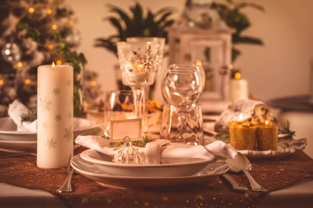 istock Festive Christmas table or place setting in golden tone 1353994290