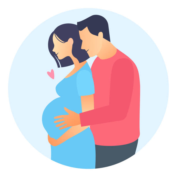 Pregnant woman with her husband. Couple in love. Pregnant woman with her husband. Loving couple hugging isolated on white background. family planning together stock illustrations