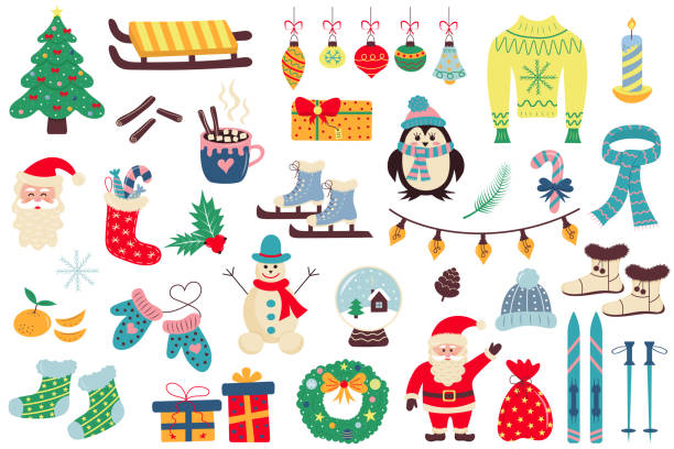 겨울과 크리스마스 아이콘의 집합. - bird christmas holly christmas stocking stock illustrations