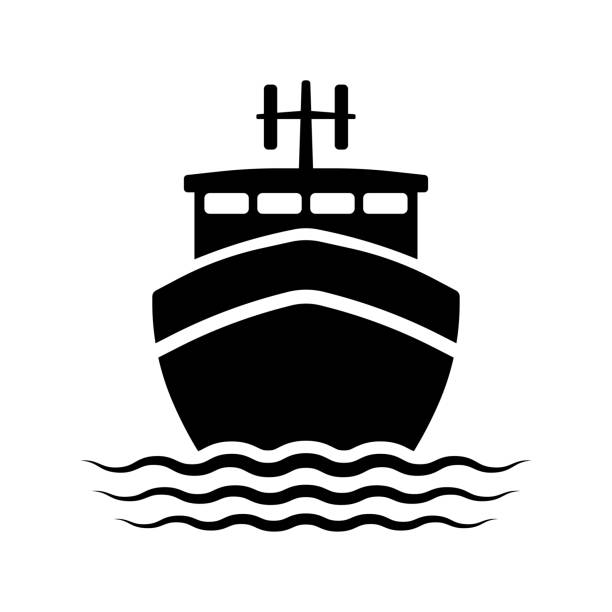 ilustrações, clipart, desenhos animados e ícones de ícone da nave. pesqueiro. silhueta preta. vista frontal. ilustração gráfica plana vetorial. o objeto isolado em um fundo branco. isolar. - trawler