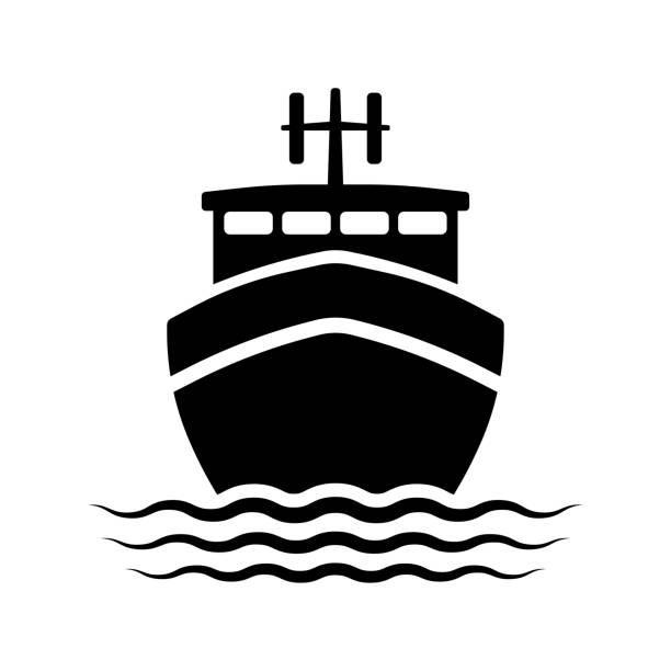 Ship icon. Fishing boat. Black silhouette. Front view. Vector flat graphic illustration. The isolated object on a white background. Isolate. Ship icon. Fishing boat. Black silhouette. Front view. Vector flat graphic illustration. The isolated object on a white background. Isolate. boat stock illustrations