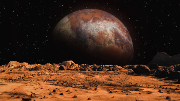 istock Space Planet seen from Mars surface. The surface of Mars, strewn with small rocks and red sand. Martian landscape in rusty orange shades, Mars Planet surface, Desert, Cliffs, sand. Red planet mars. Conception space abstract background. 1353996609