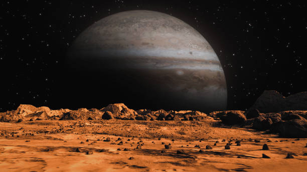 jowisz oglądany z powierzchni marsa. powierzchnia marsa, usiana małymi skałami i czerwonym piaskiem. marsjański krajobraz w zardzewiałych pomarańczowych odcieniach, powierzchnia planety marsa, pustynia, klify, piasek. czerwona planeta mars. koncepcja - mars rover mission zdjęcia i obrazy z banku zdjęć