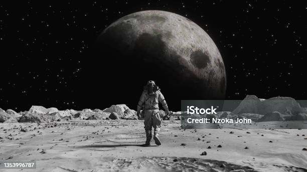 Following Shot Of Brave Astronaut In Space Suit Confidently Walking On Space Planet Towards Moon Covered In Rocks First Astronaut On The Space Planet Big Moment For The Human Race Advanced Technologies Space Exploration Travel Colonization Concept Stock Photo - Download Image Now
