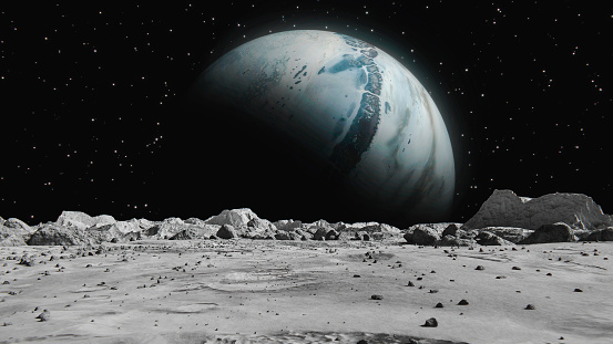Planeta espacial visto desde la superficie de la Luna. La superficie de la Luna, sembrada de pequeñas rocas y arena. Vuelo sobre cráteres lunares. Espacio de concepción fondo abstracto. photo