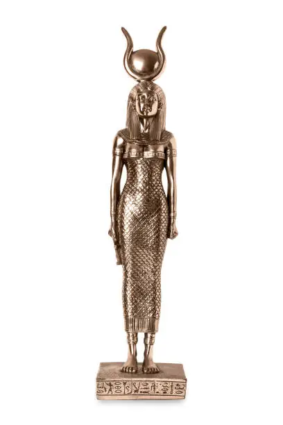 Bronze statuette of Isis isolated on white background.