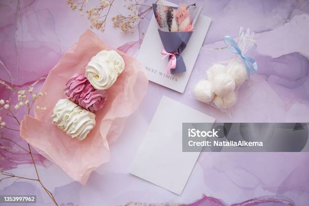 Delicate Pink And White Marshmallow With Decoration Of Gypsophila And Dryflowers Bouquet Mock Up Card Feminine Background Template Cozy Winter Weekends Homemade Sweets Stock Photo - Download Image Now