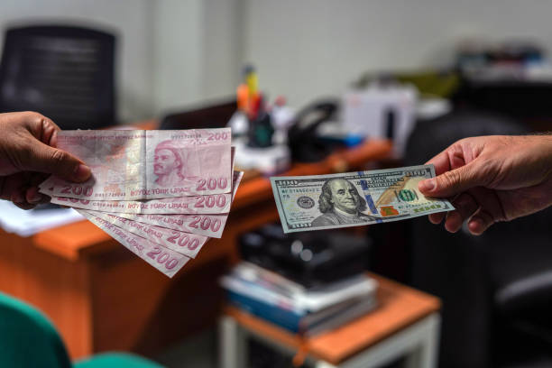 터키 리라를 미국 달러로 교환 - hundred dollars 뉴스 사진 이미지