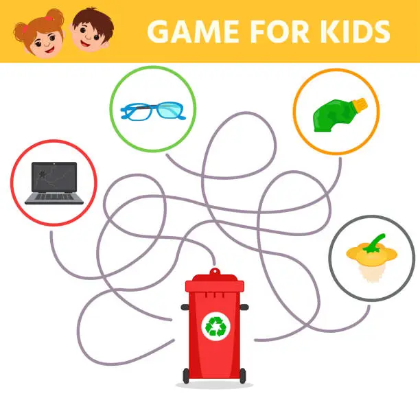 Vector illustration of Eco educational game for kids. Labyrinth. What trash will end up in the container.