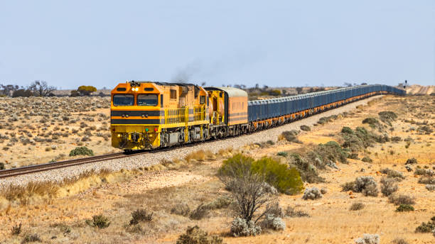 istock Long loaded containerised iron ore train travelling through undulating sand dunes 1353999717